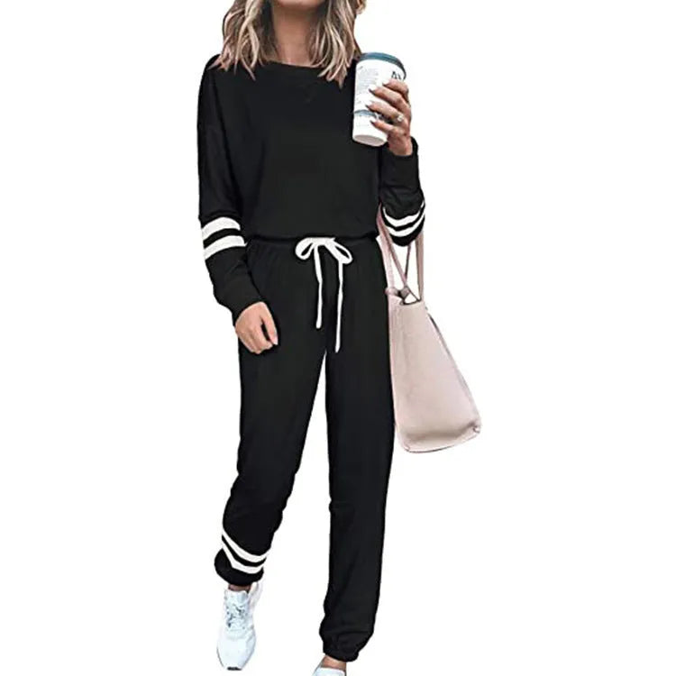 Women's plus size casual suit with long sleeve top and trousers in cotton blend fabric