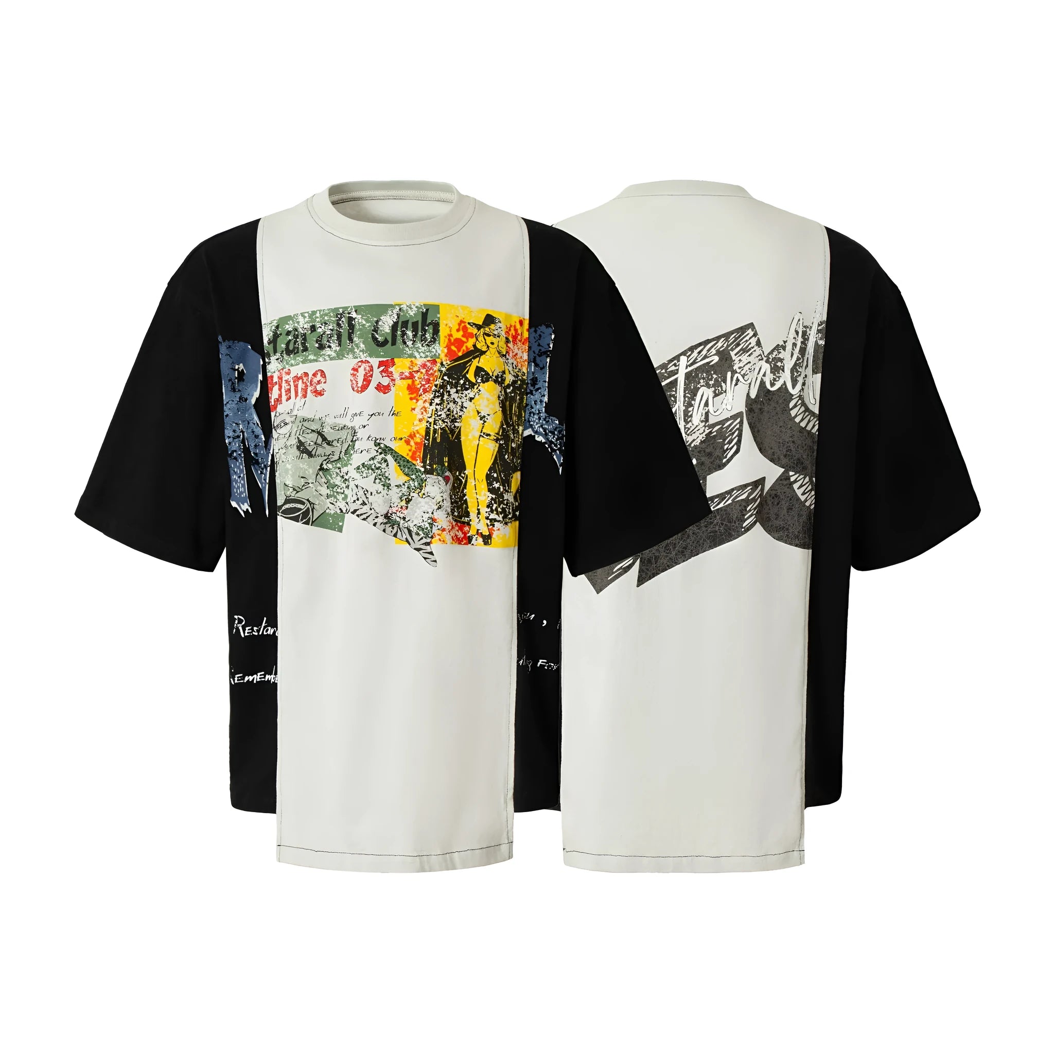 Black and white deconstruction printed loose fit cotton blend t-shirt on hanger.