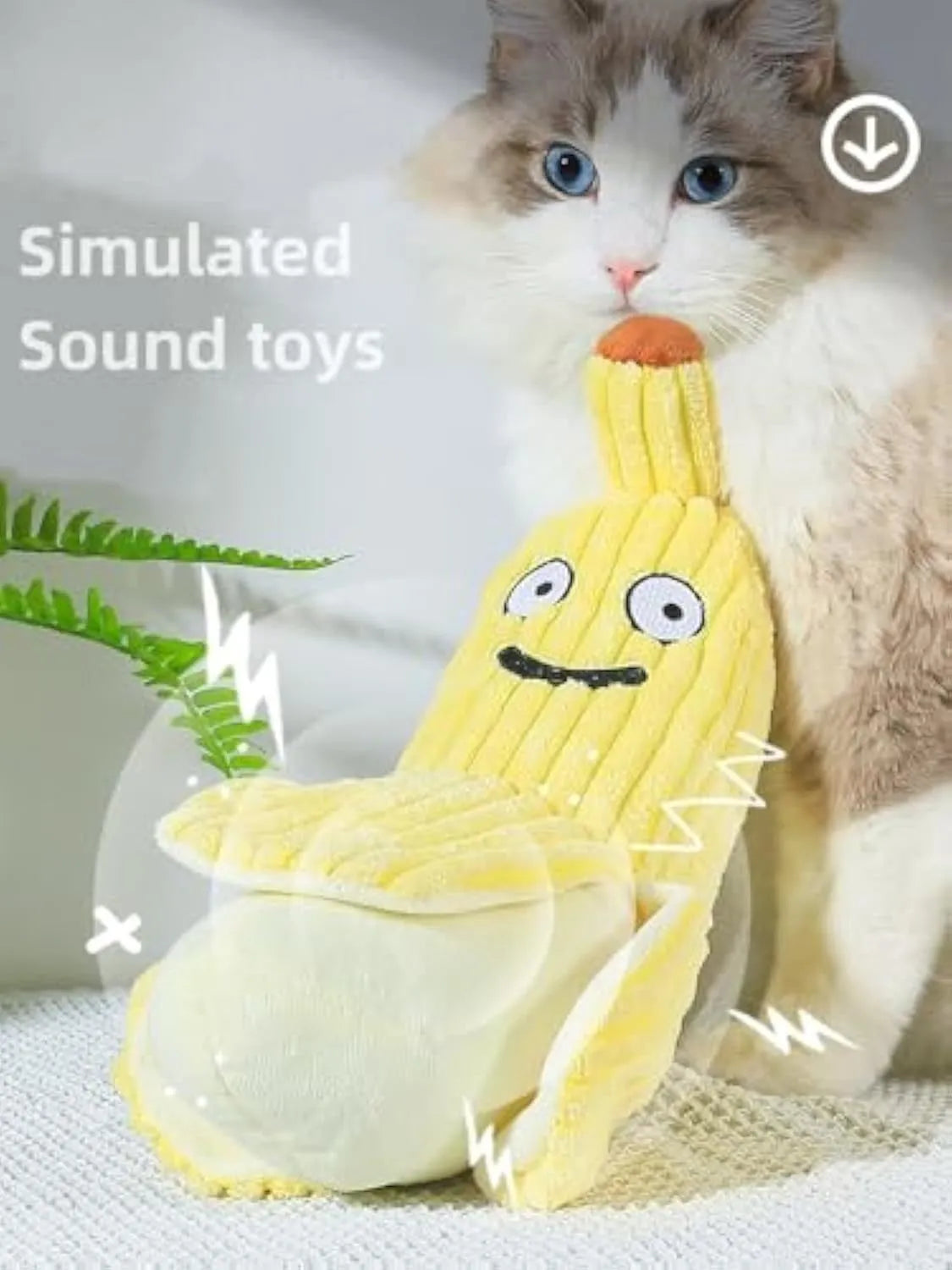 Yellow banana-shaped cat toy with crinkle paper and catnip for indoor cat play