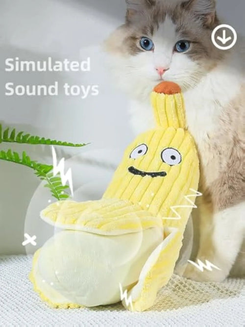 Yellow banana-shaped cat toy with crinkle paper and catnip for indoor cat play