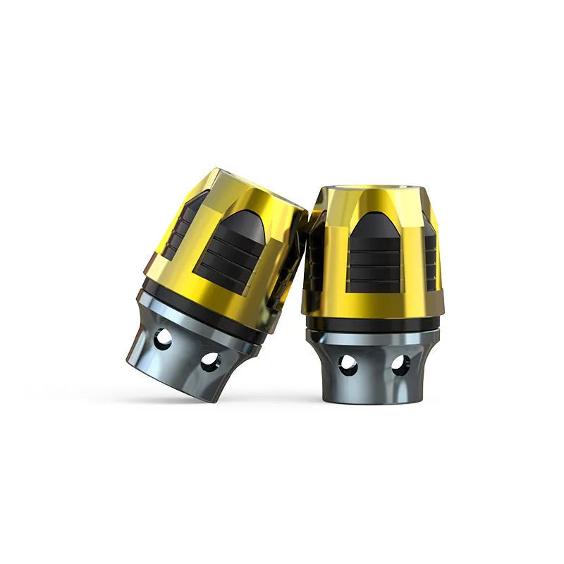 A pair of anodised aluminium fork cups for motorcycle and electric car front axles, shown in a selection of colours.