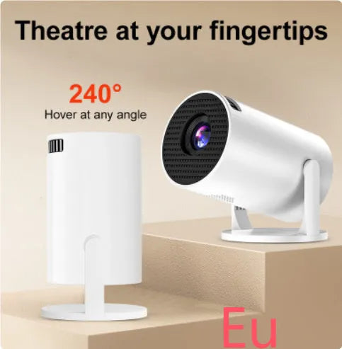 White MINI wireless HD portable projector showing 1080p resolution and wireless connectivity features