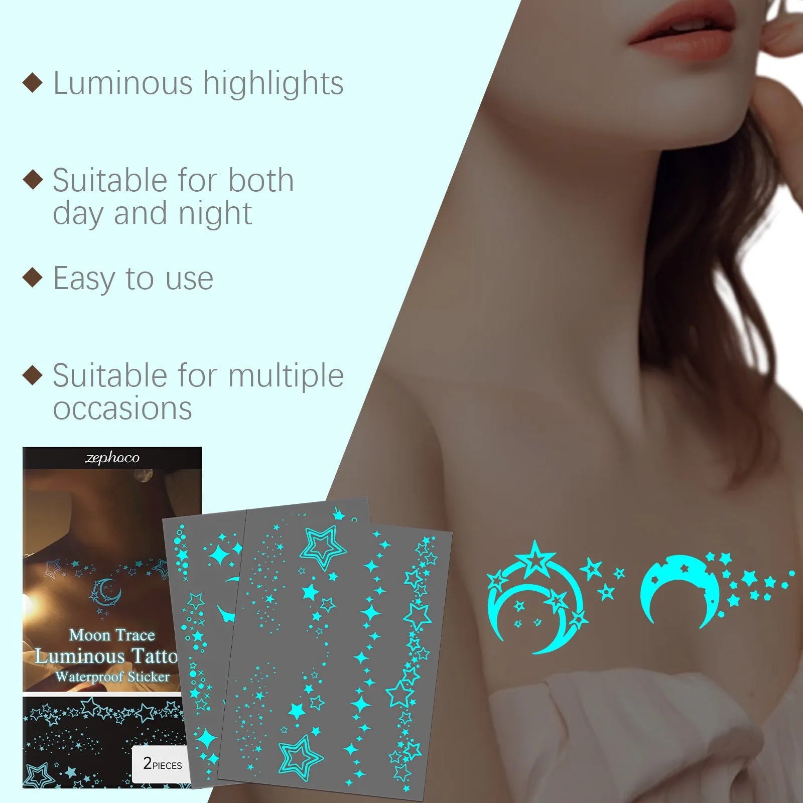 Two luminous tattoo stickers with glow effect on skin, includes tattoo paste