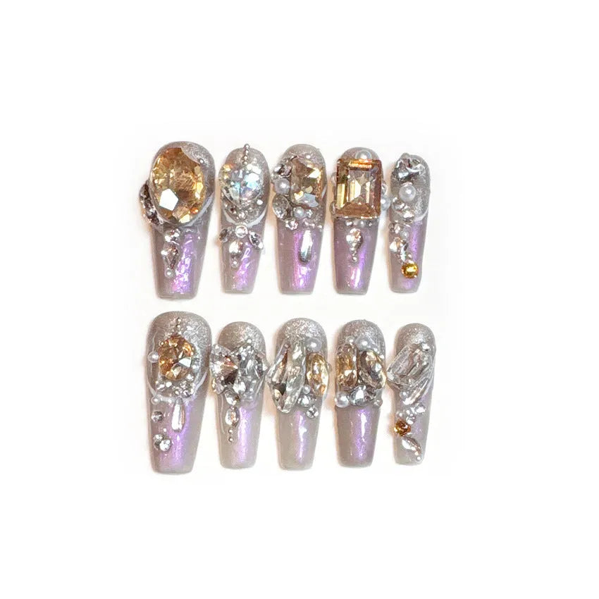 Rhinestone-decorated false nail patches set with phototherapy sealing in S number sizing