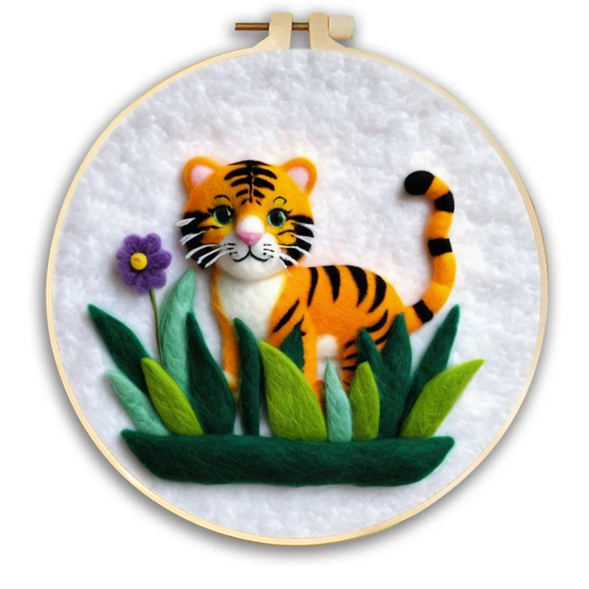 Round linen embroidery kit with wool felt pieces for 3D flowers and leaves, includes a free frame.