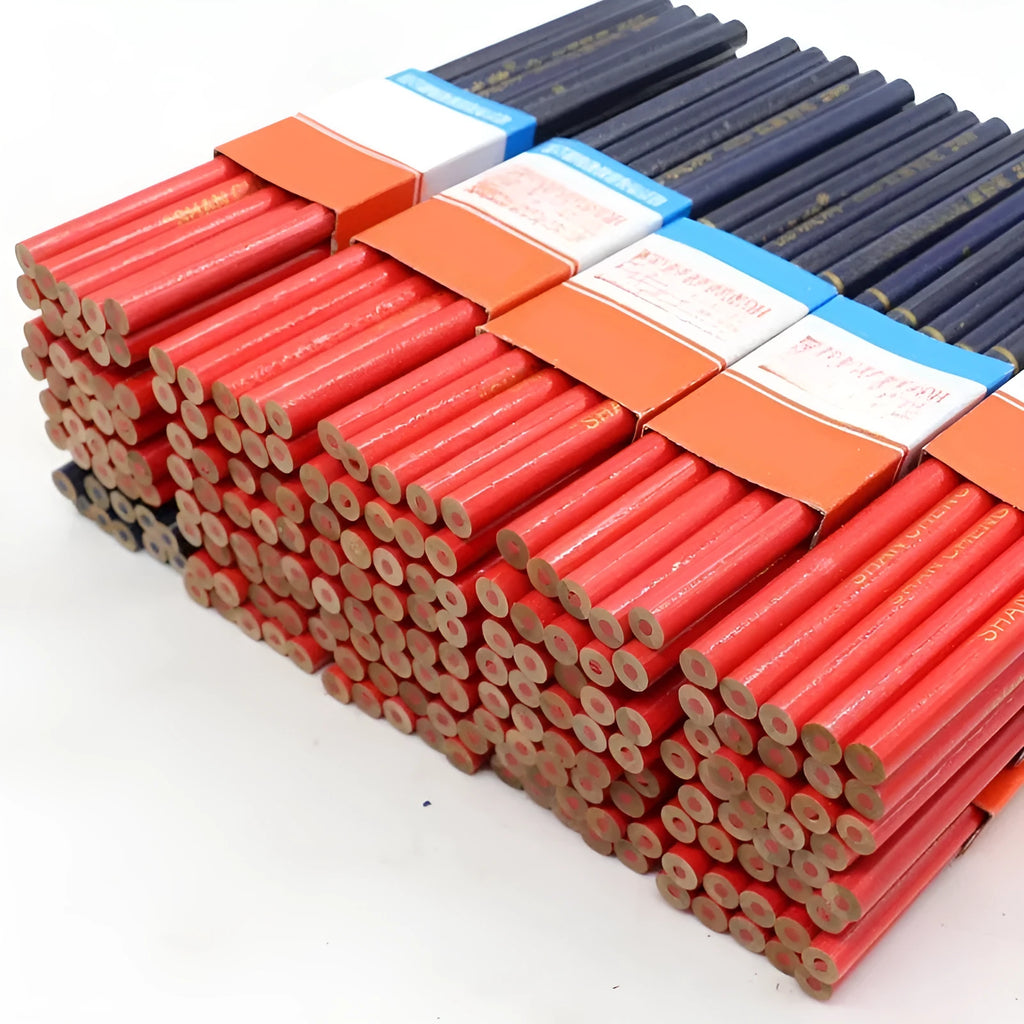 Ten red and blue wooden carpenter pencils with round barrels arranged together.