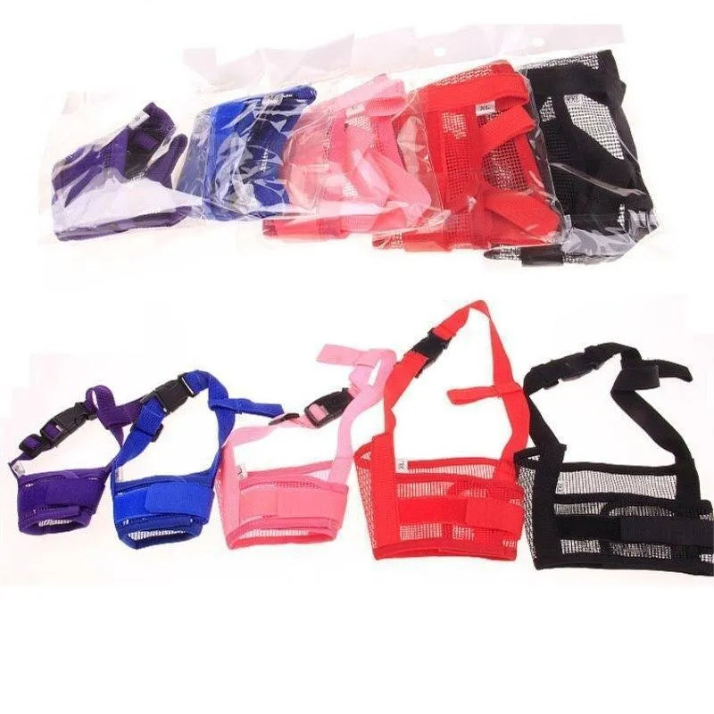 Adjustable plastic dog muzzle in various colours showing snout coverage and head strap attachment