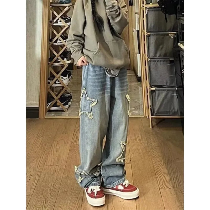 Blue cotton denim wide-leg trousers with high waist and straight fit