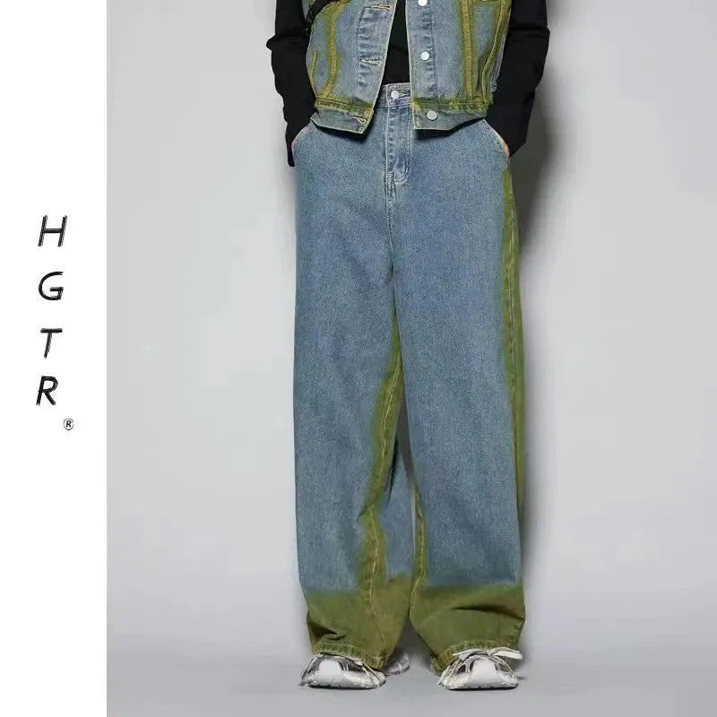 Blue distressed vest and jeans two-piece suit with spray colour gradient and fleece lining.