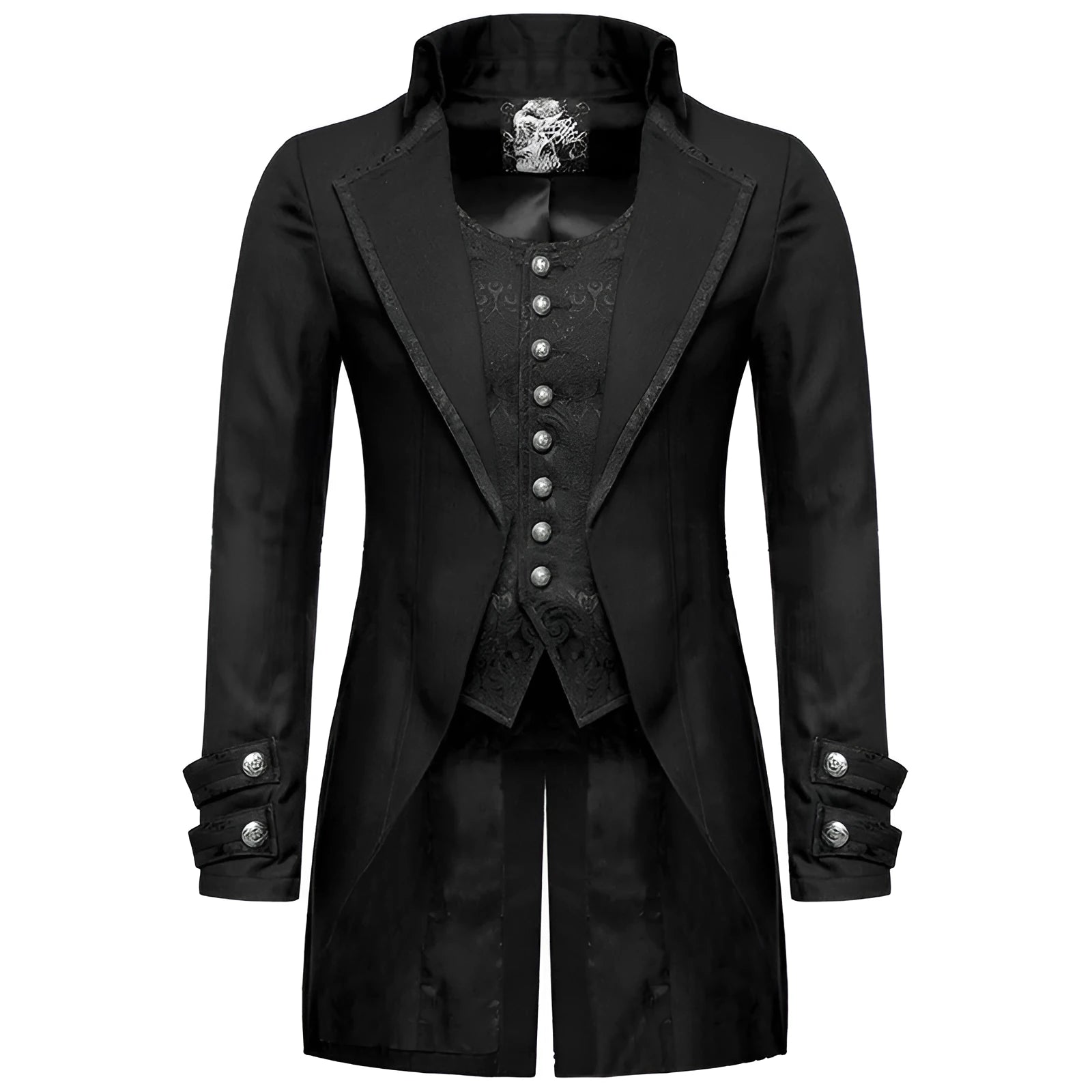 Black Victorian morning gown cosplay jacket with chemical fibre blend construction showing front view