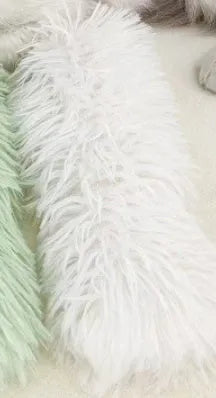 Colourful cat plush toy pillow in blue, green, pink, or white, showing soft texture and 27cm length.