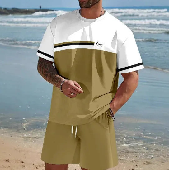 Men's loose-fit short-sleeved t-shirt and matching shorts set in summer leisurewear