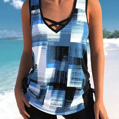 Women's printed split boxer swimsuit set showing top and shorts in polyester fabric