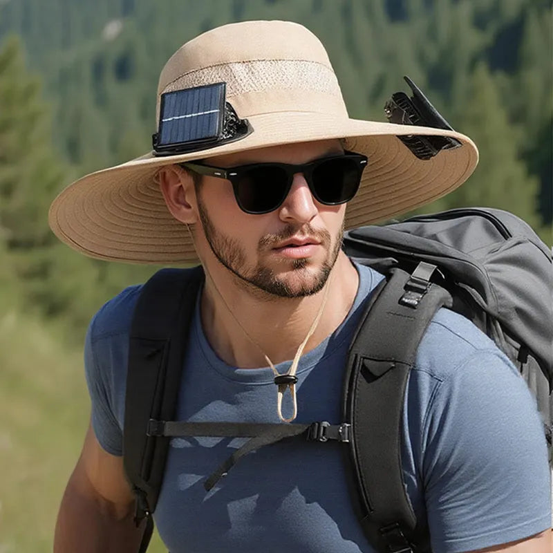Men's grey solar-powered fan hat with integrated cooling fan and wide brim for sun protection.