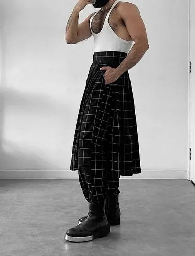 Men's plaid trousers with front apron detail in plaid pattern available in multiple sizes