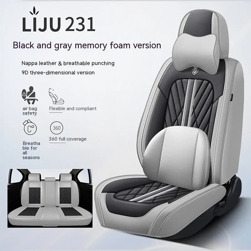 Five-piece leather car seat cushion set in various colour options with hemmed edge detailing
