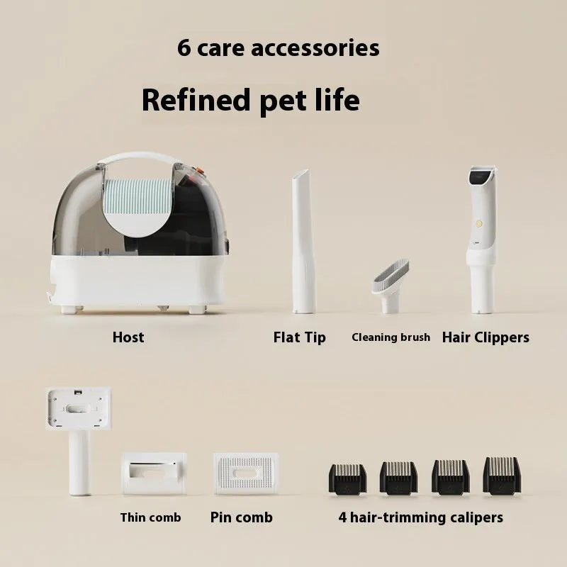 Pink white pet hair conditioner vacuum cleaner with long hose and grooming attachments on a white background.