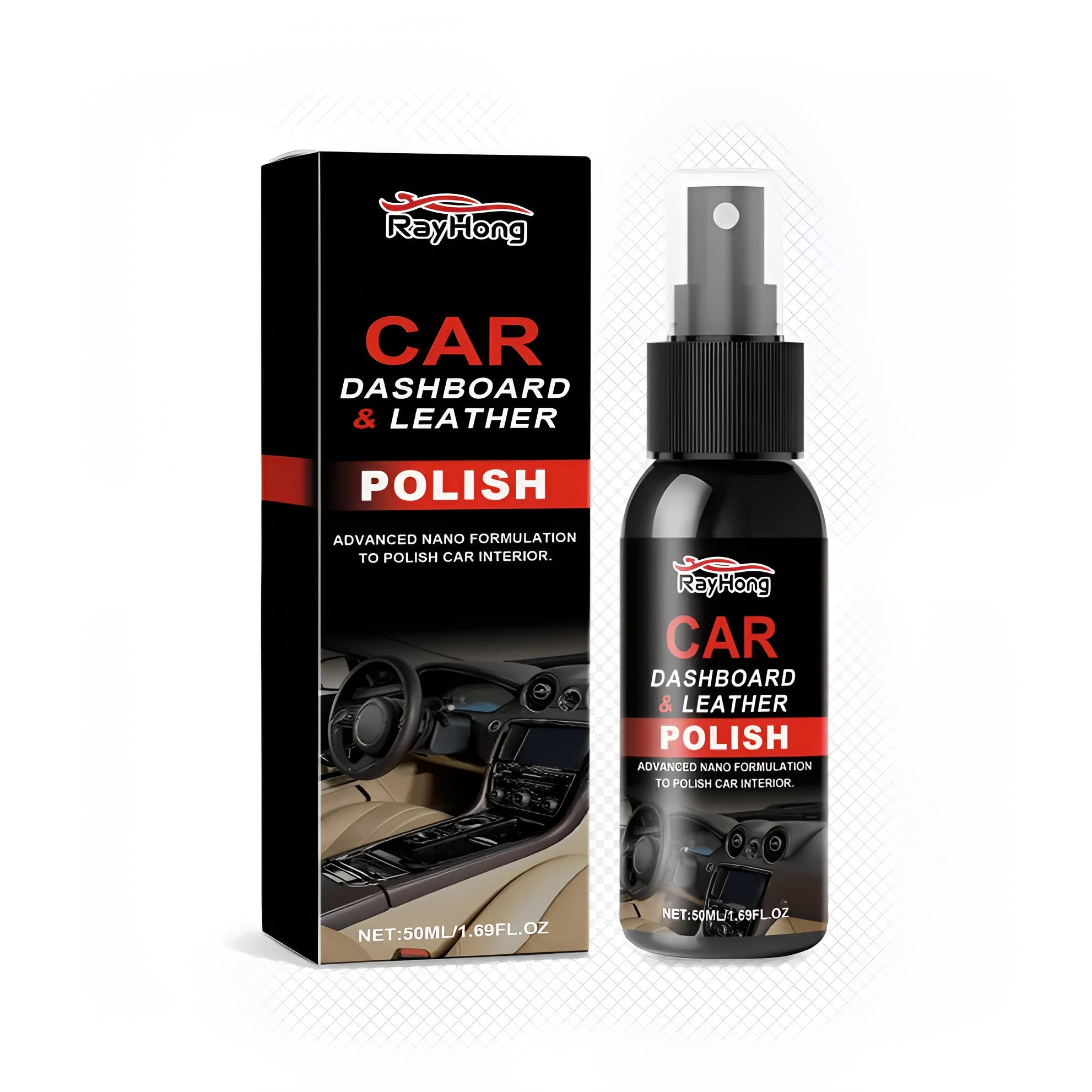 Zero dust instrument panel polishing agent in compact 2.8x11.8cm bottle with box packaging