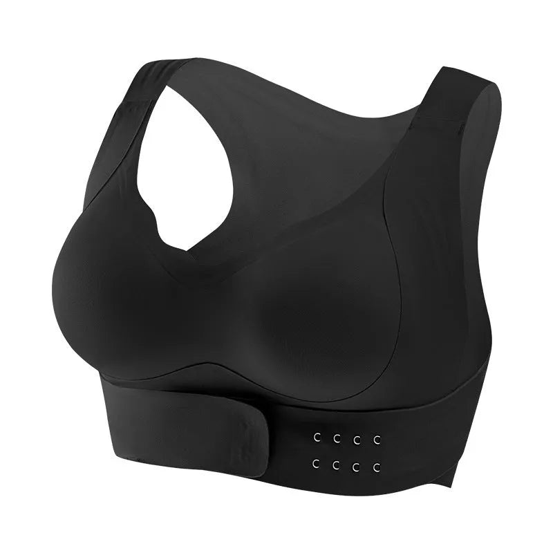 Women's front fastening sports bra in black, showing double shoulder straps and 3/4 cup design.