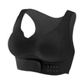 Women's front fastening sports bra in black, showing double shoulder straps and 3/4 cup design.