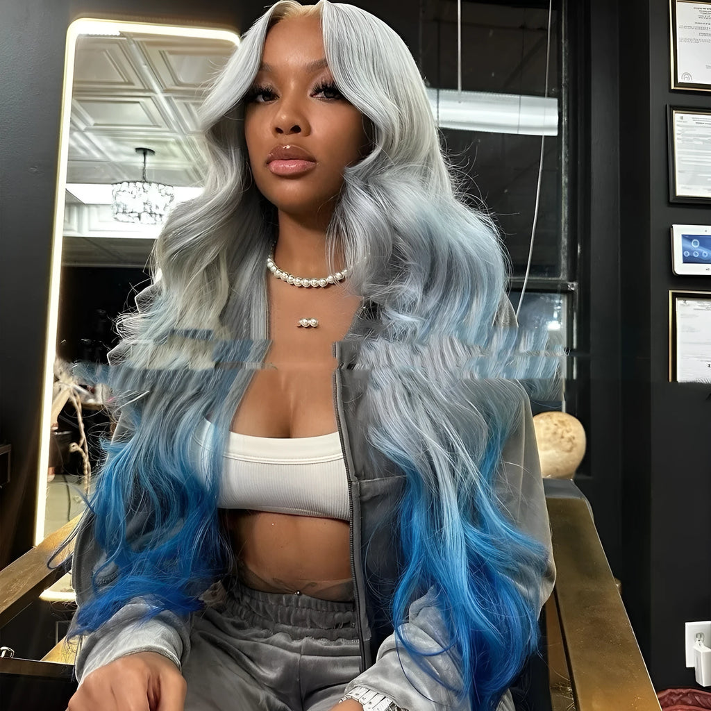 Gray blue ombre human hair lace front wig on a model, showing gradient colour and natural hairline.