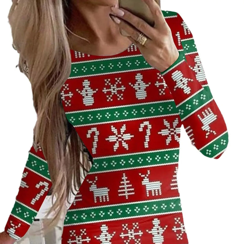 Printed floral Christmas dress with round neck and long sleeves in fitted design