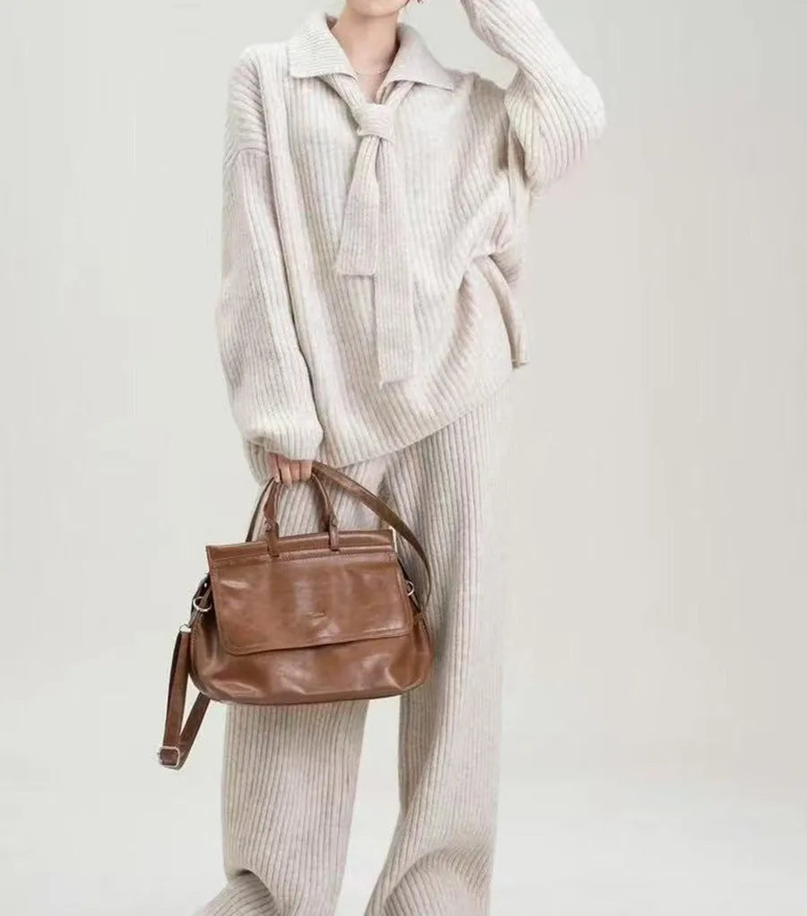 Sweater suit two-piece set with imitation cashmere fabric in beige, dark coffee, dark gray, or gray colours