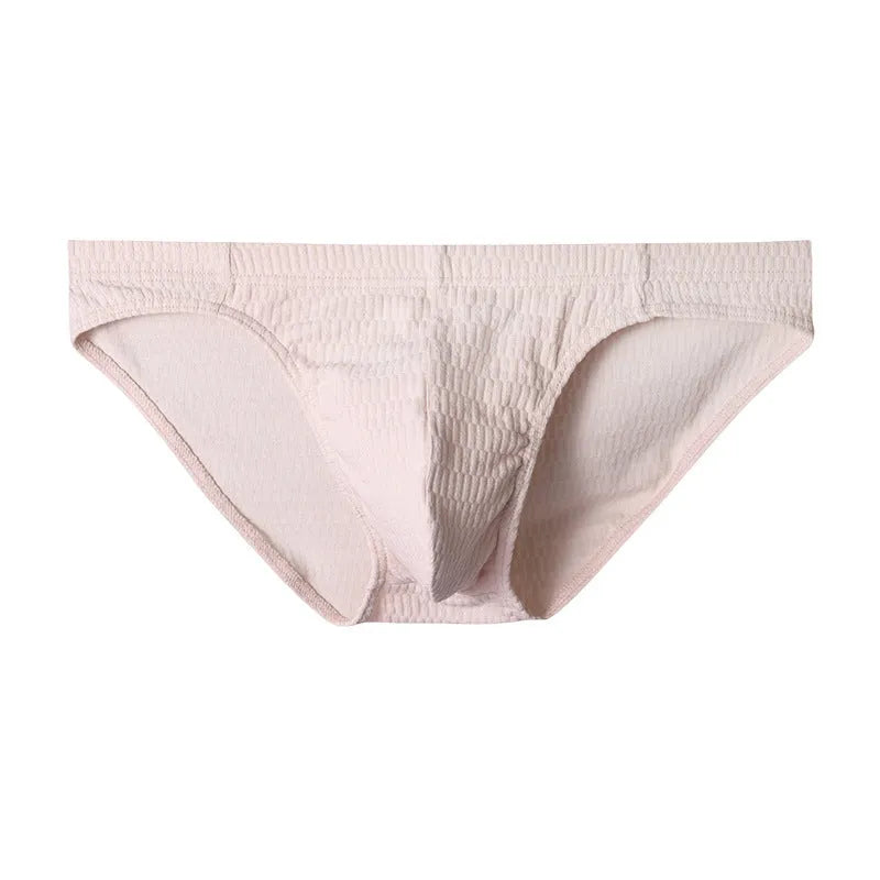 Men's solid colour cotton triangle briefs in mid-waist style, shown in apricot and black colour options.