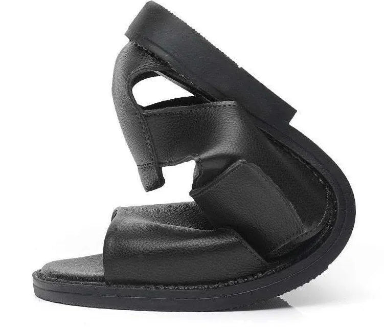 Men's black and brown leather casual sandals with open toe design and rubber sole