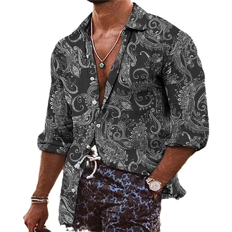 Man wearing a loose-fit long sleeve shirt with a vibrant 3D digital print floral pattern.