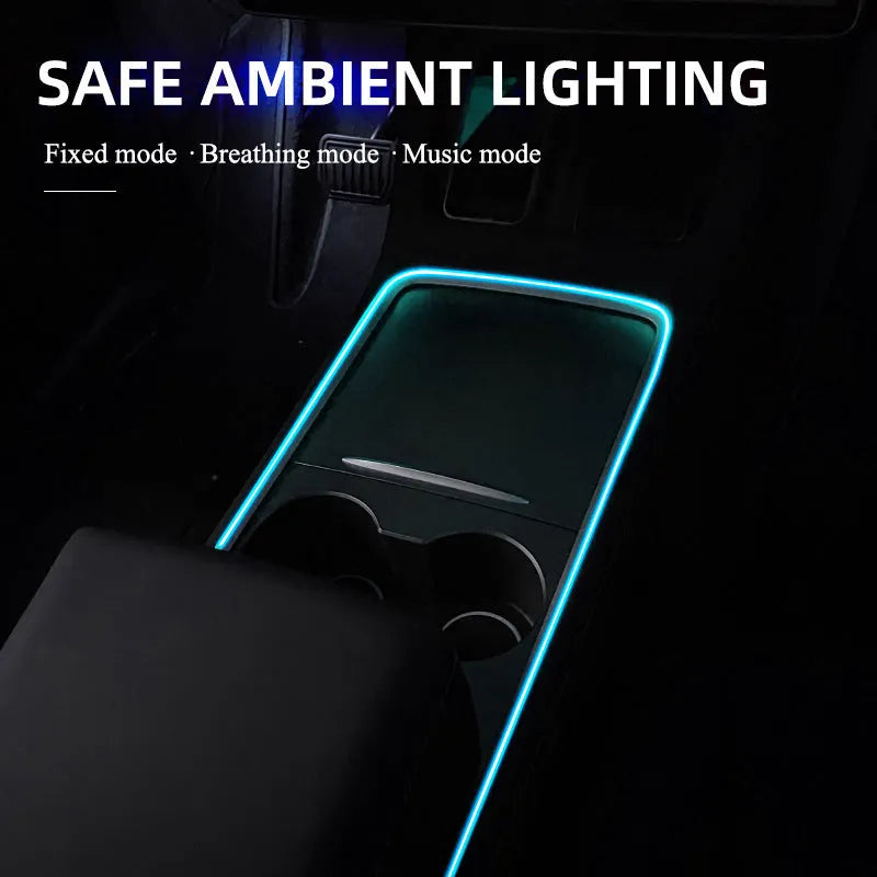 Car interior with colour-changing LED atmosphere lighting installed along dashboard and centre console