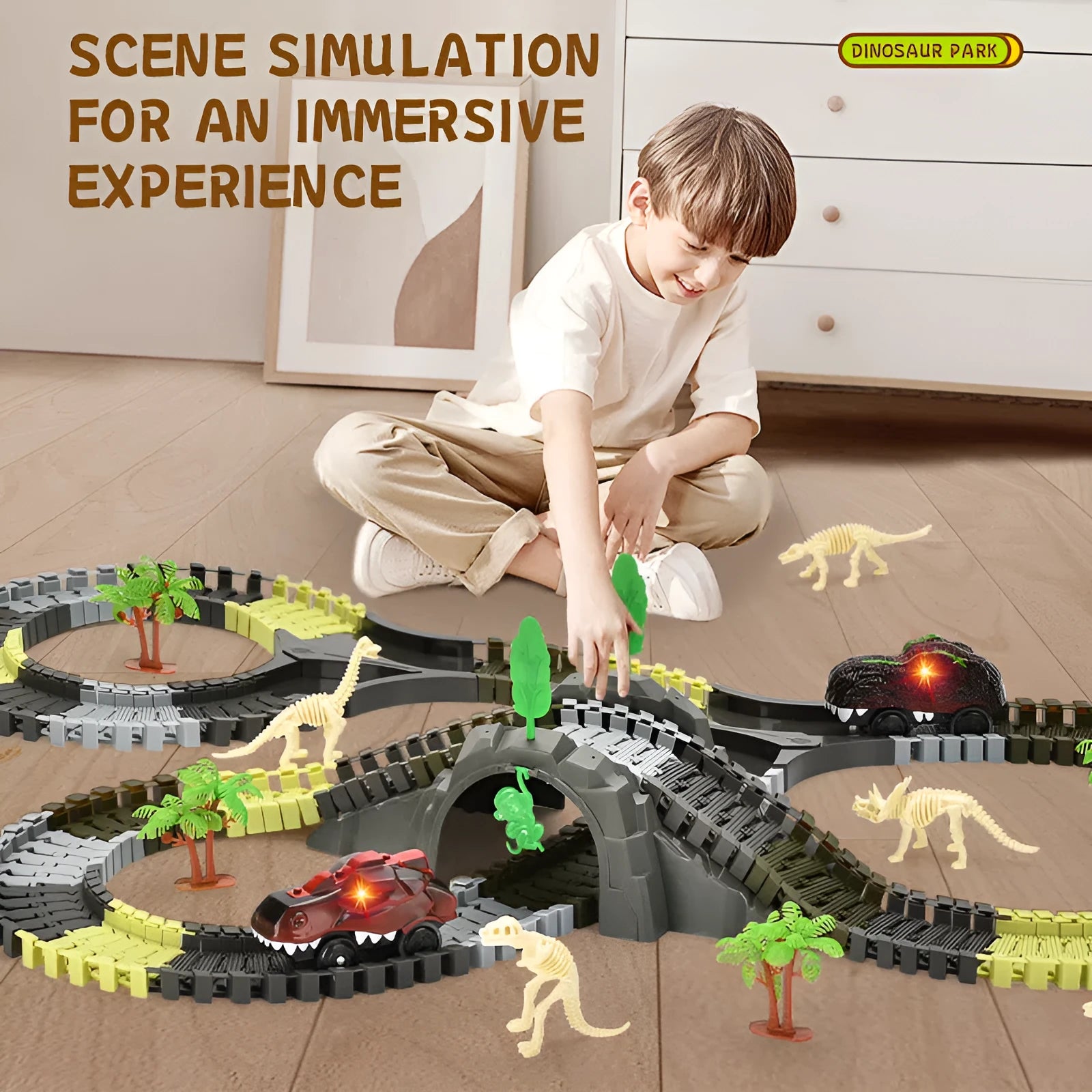Skeleton dinosaur track car DIY assembly kit with plastic pieces and electric motor for children aged 4-6