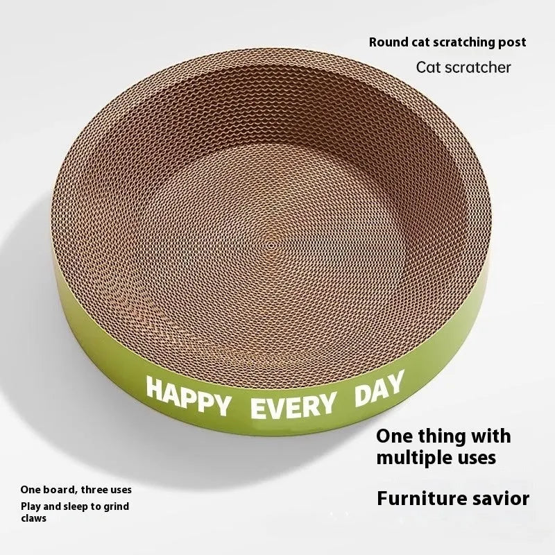 A green, round cat scratching board nest, shown in two size options: 50cm and 55cm diameter.