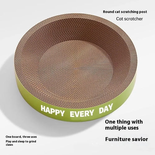 A green, round cat scratching board nest, shown in two size options: 50cm and 55cm diameter.