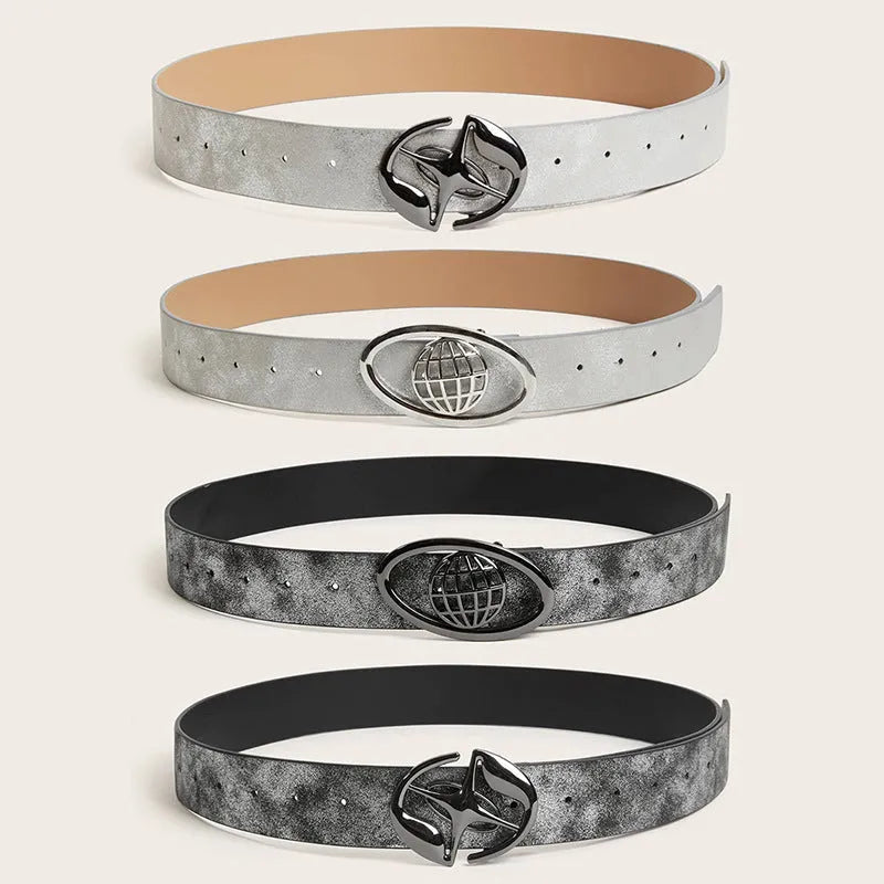 Retro thick women's PU leather belt with oval alloy buckle in earth style grey white colour