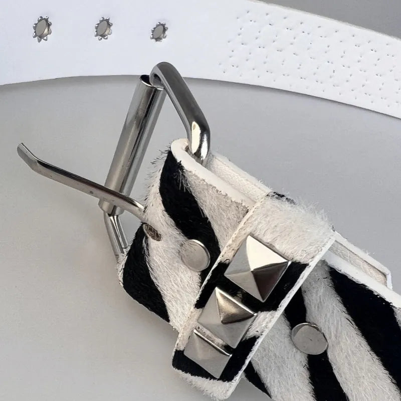 Women's punk fashion belt with metal rivets on a brown leopard print PU leather strap and alloy buckle.