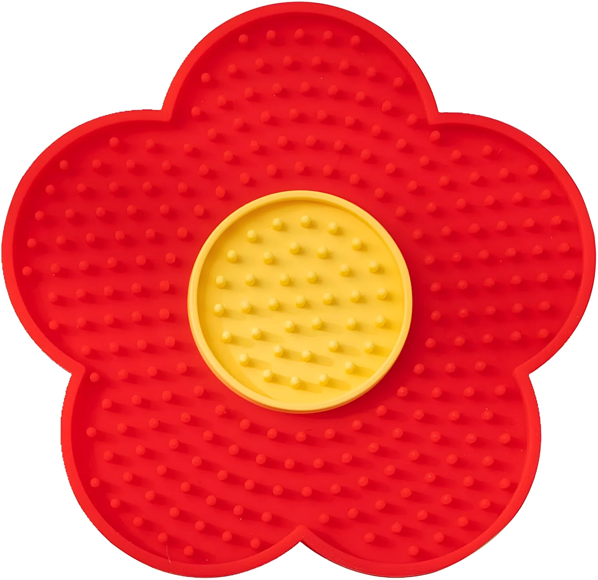 Flower-shaped silicone lick pad for cats and dogs with multiple suction cups on the back, shown in a choice of colours.