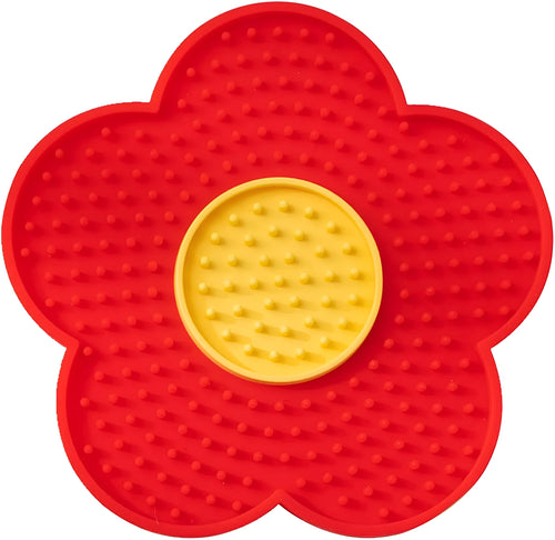 Flower-shaped silicone lick pad for cats and dogs with multiple suction cups on the back, shown in a choice of colours.