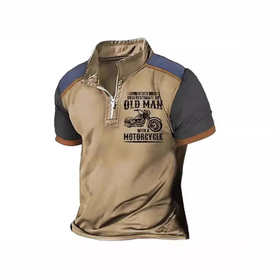 Men's digital print polo shirt with zip-decorated lapel collar in regular fit casual styling