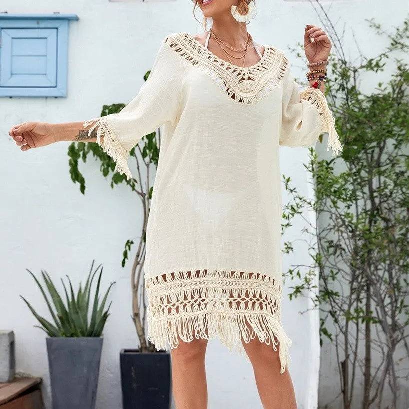 Apricot crocheted patchwork beach dress with half sleeves on hanger