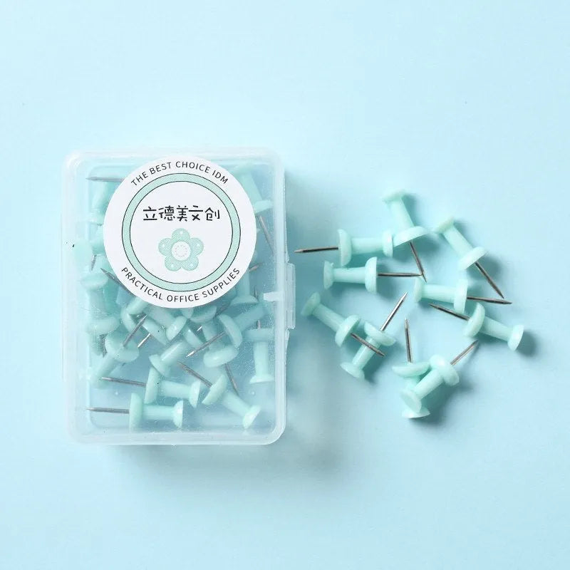 Plastic push pins in mint green, lavender, and pink, showing large and small sizes in a small box.