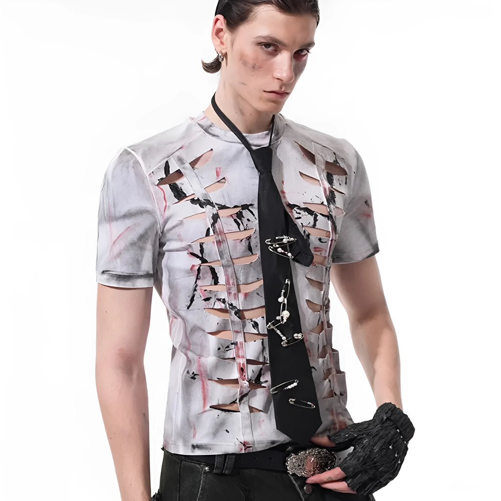 White men's t-shirt with hollow-out cut design on stretch cotton fabric