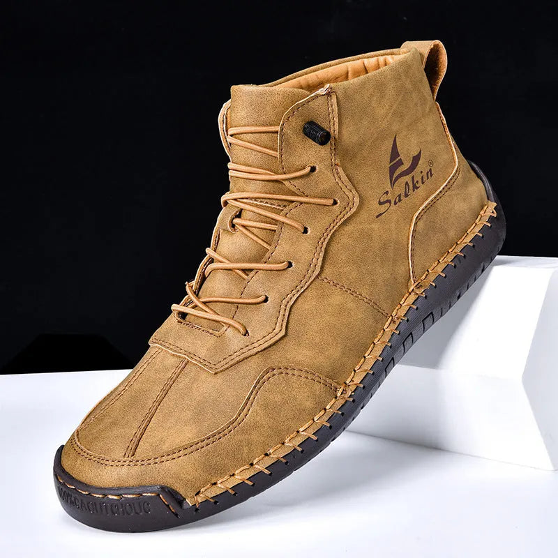 Men's retro high-top casual boots in artificial PU with round toe and elastic band