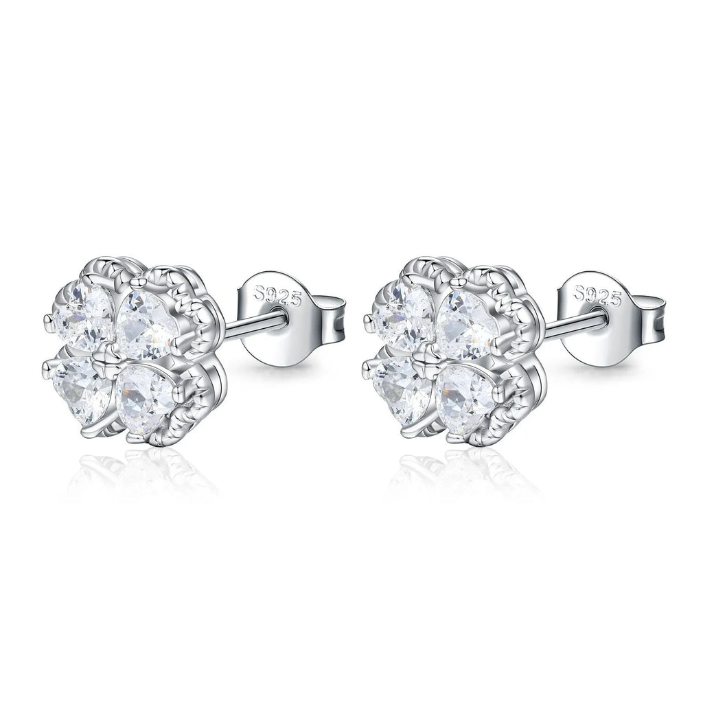 Silver zircon earrings with four-leaf clover and heart-shaped design in white gold colour