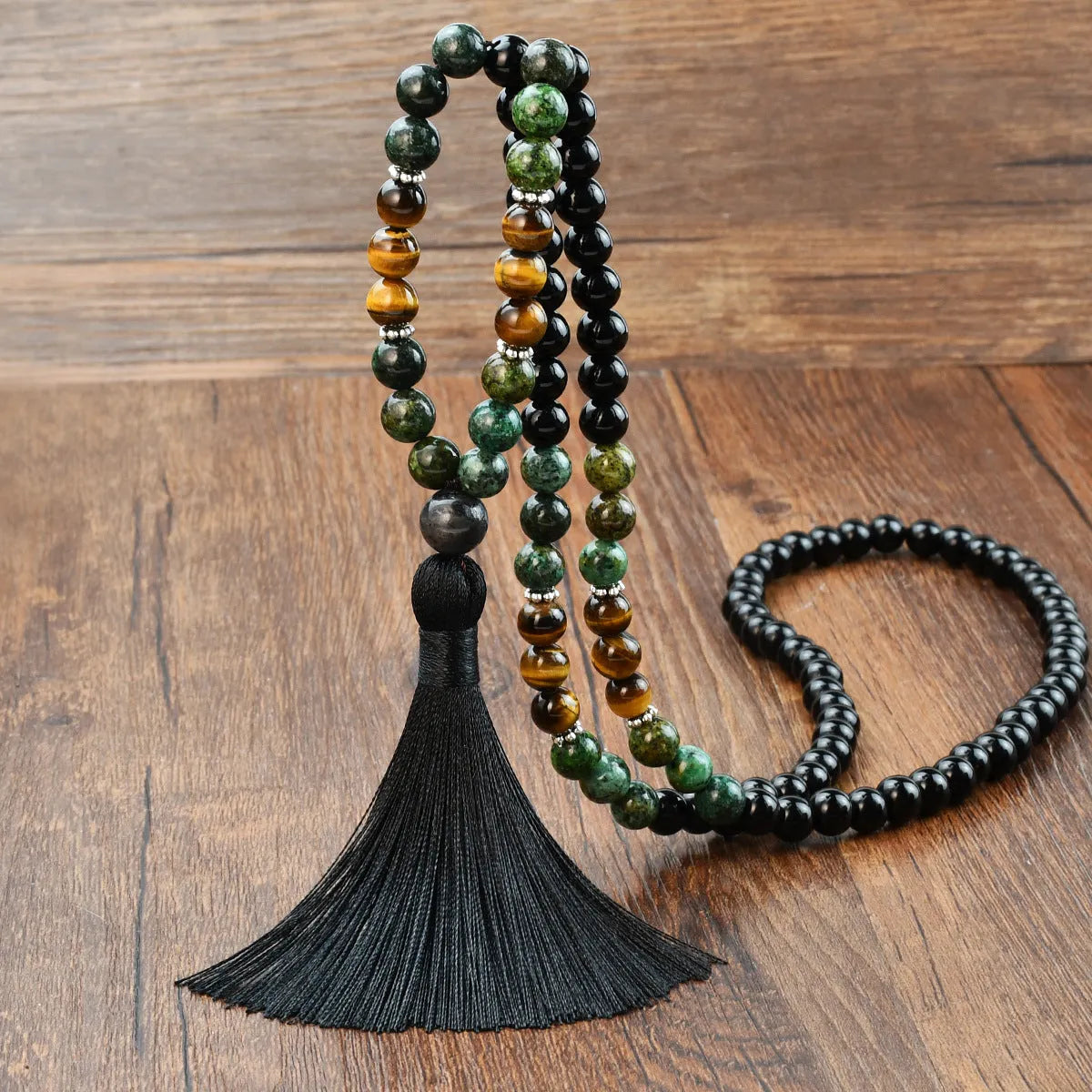 81cm long bohemian necklace with geometric gemstone pendant and 108 natural stone tassels.