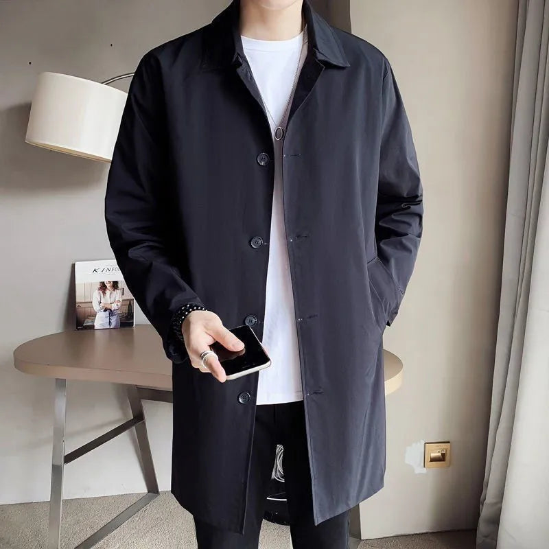 Men's mid-length loose trench coat in thin rabbit fur fabric showing casual styling