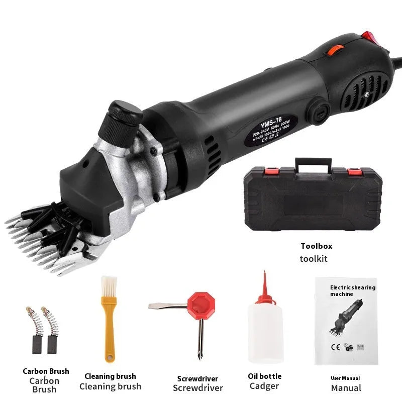 Yellow electric wool shearing machine with 110V plug and multiple blade sets in a plastic storage box