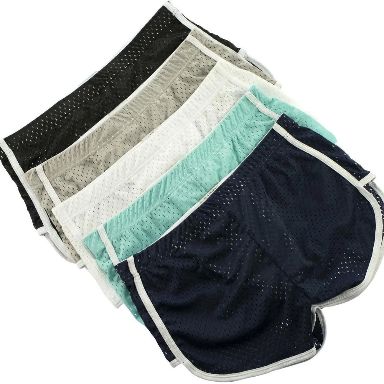 Men's three-point boxers in black, gray, and blue showing breathable knitted cotton nylon fabric and mid-waist fit.