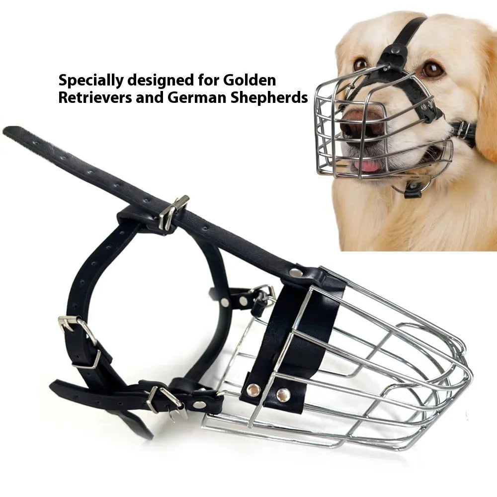 Black metal dog muzzle for Golden Retrievers and German Shepherds with buckle closure