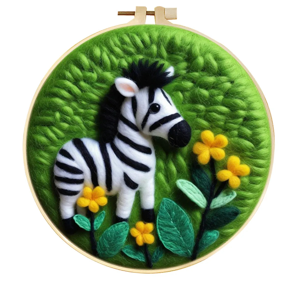 Round linen embroidery kit with wool felt pieces for 3D flowers and leaves, includes a free frame.